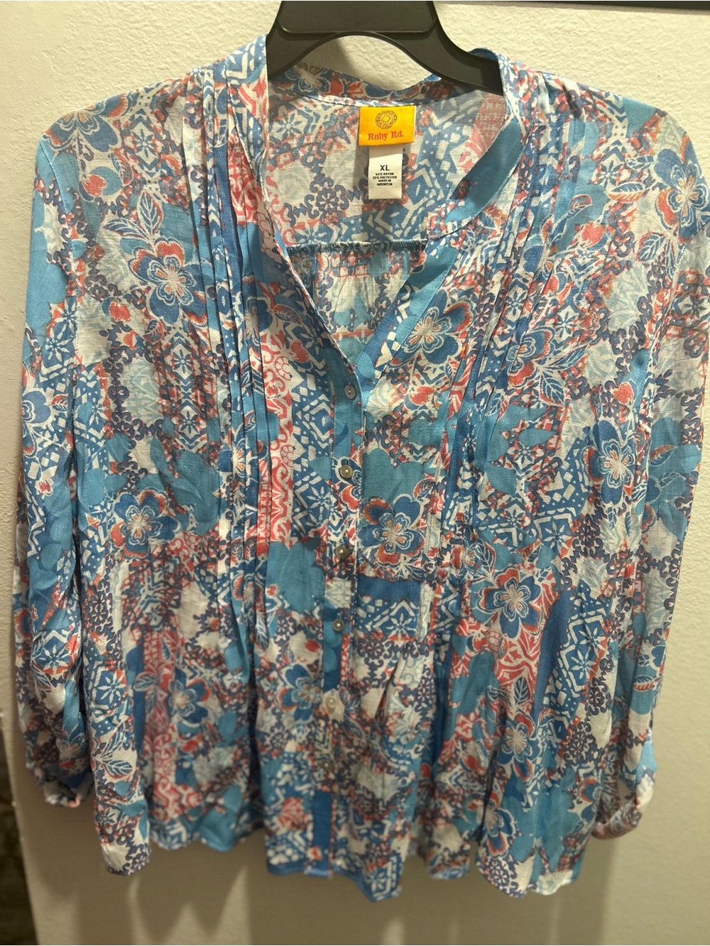 Ruby Rd. Blue Floral Button-Front Tunic with Pink Accents